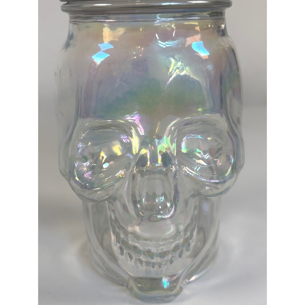 Way to Celebrate Iridescent Glass Skull Sipper Jar 18oz Halloween Black Lid